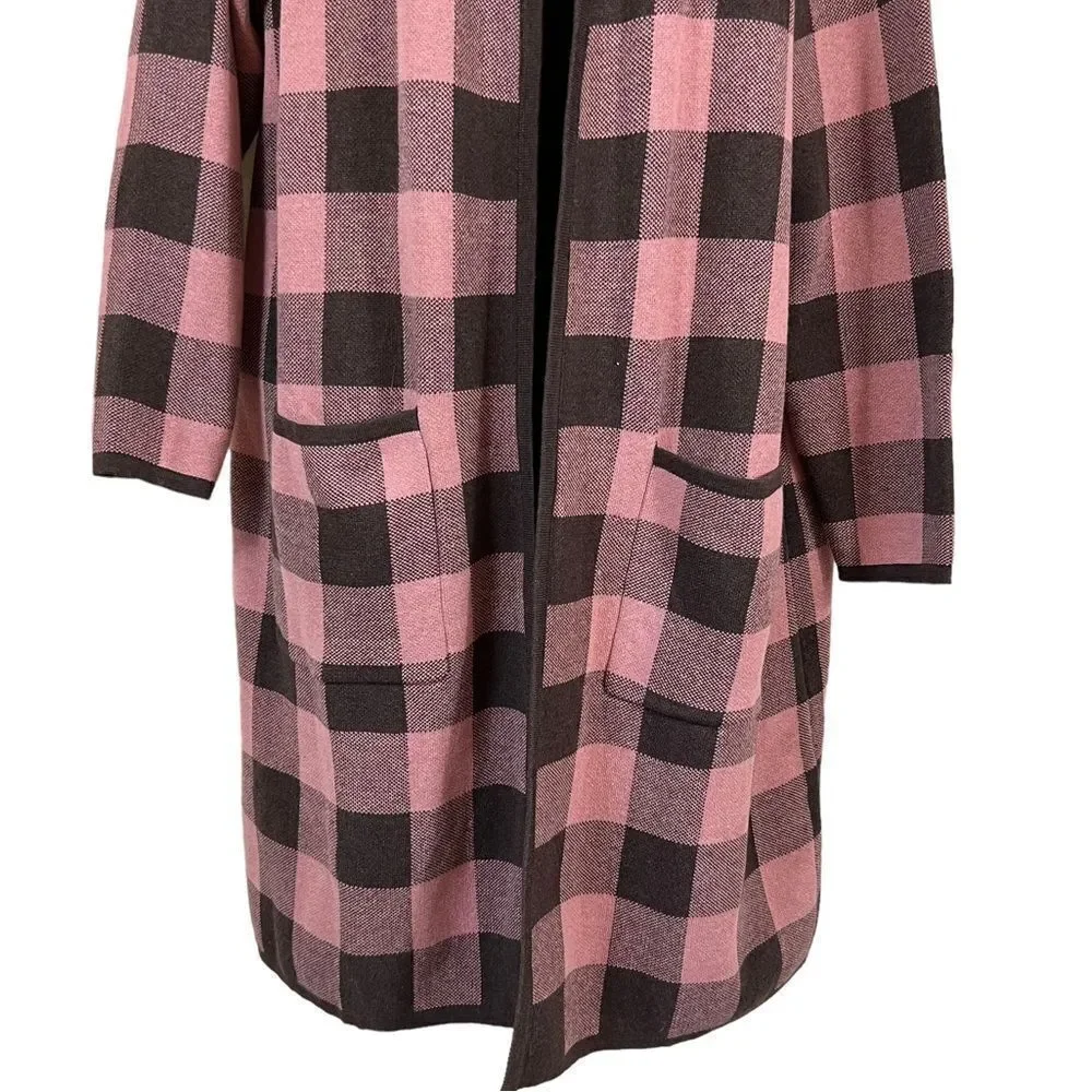 D&CO. HOODED OPEN FRONT BROWN AND PINK BUFFALO PLAID CARDIGAN DUSTER